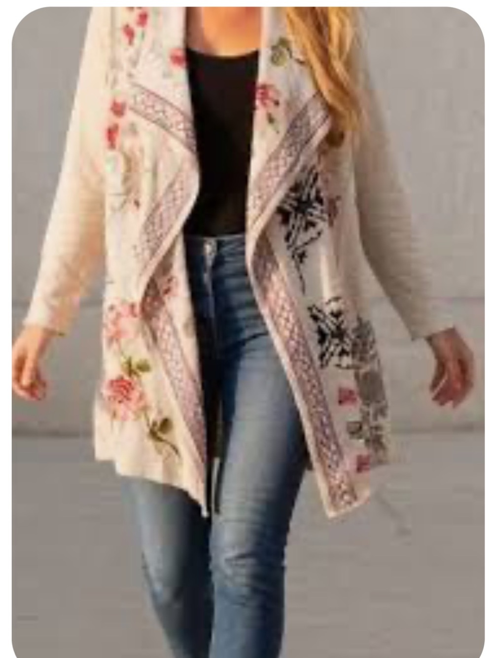 Coldwater Creek Cream Open-Front Cardigan with Floral Embroidery